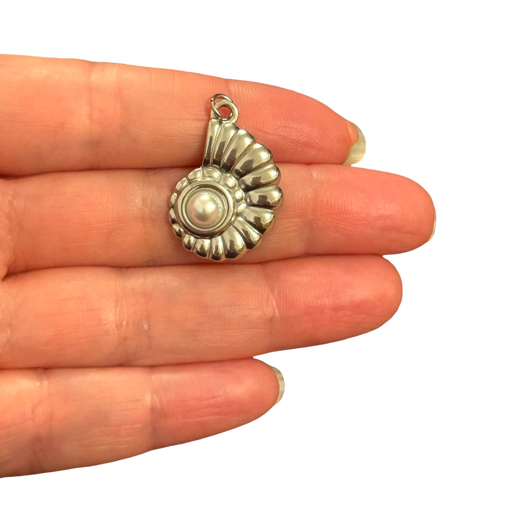 Waterproof Stainless Steel Pearl Ammonite Shell Charm – 26x19mm