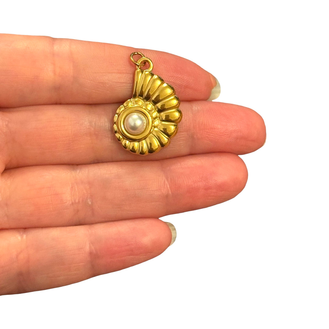 Waterproof 24Kt PVD Gold Plated Stainless Steel Pearl Ammonite Shell Charm – 26x19mm