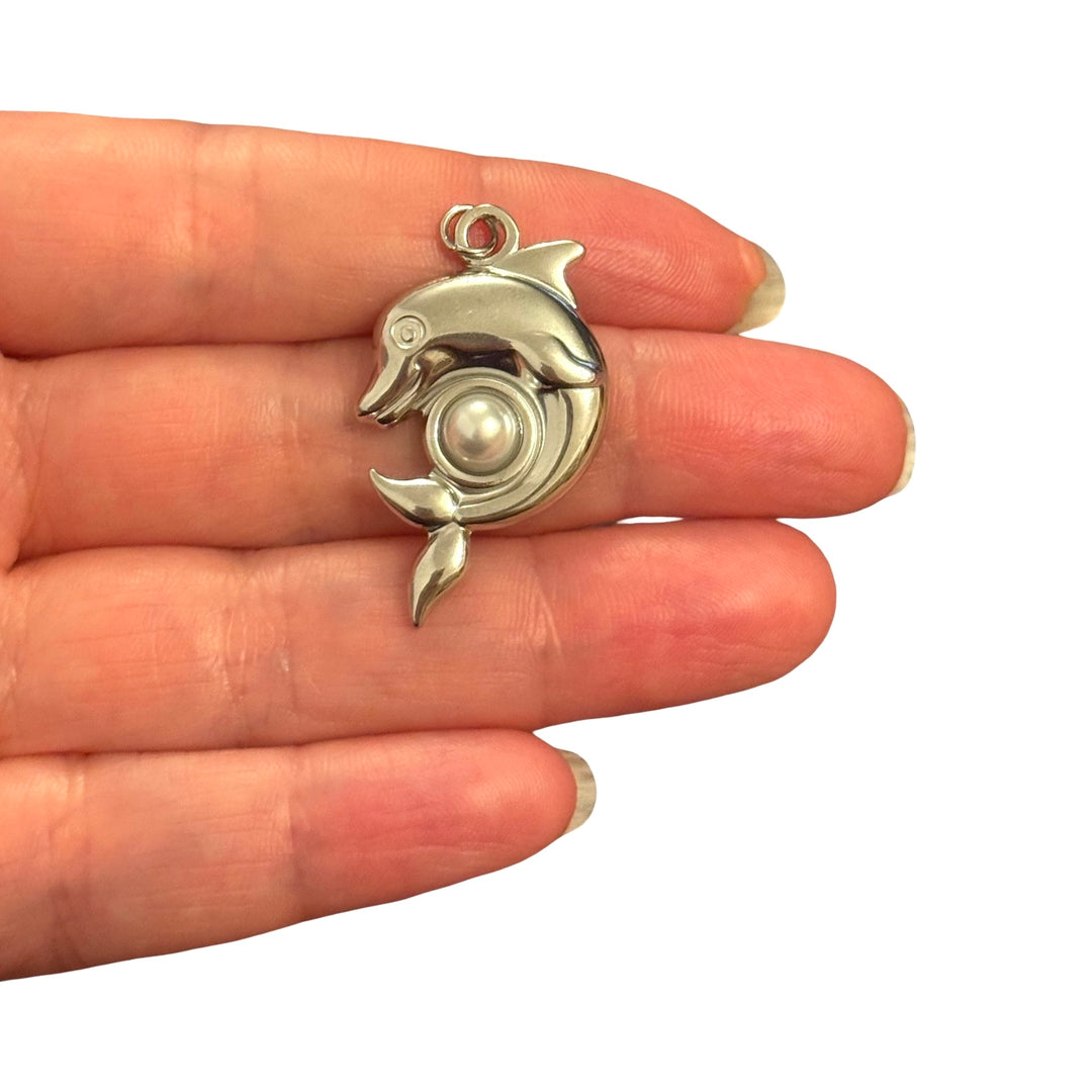 Waterproof Hypoallergenic Stainless Steel Pearl Dolphin Charm – 34x20mm
