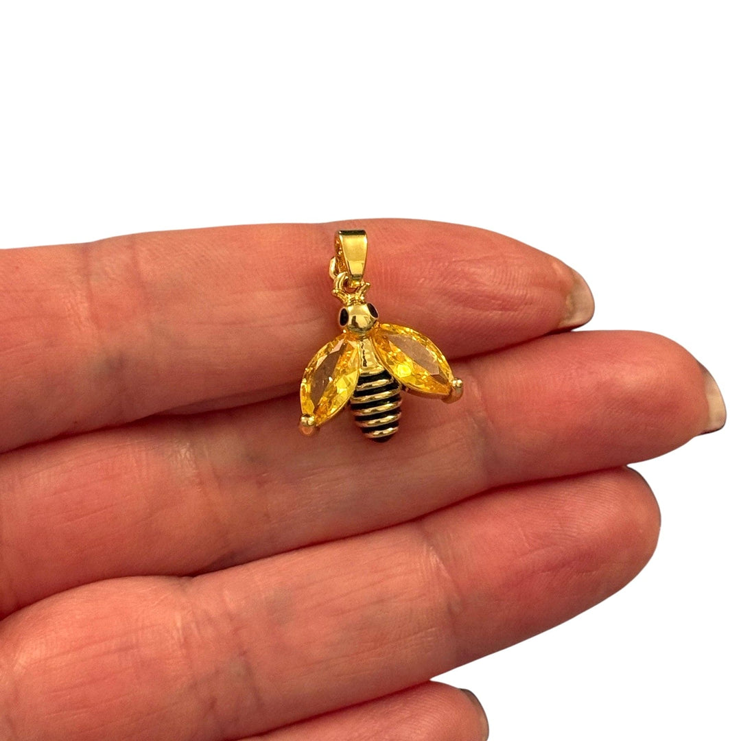 24Kt Gold Plated Stainless Steel CZ, Bumblebee Charm With Bail