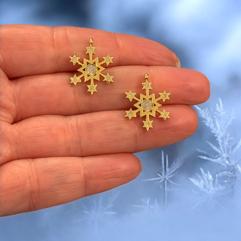 24Kt Gold Plated Snowflake Charms With Clear CZ, 2 pcs in a pack