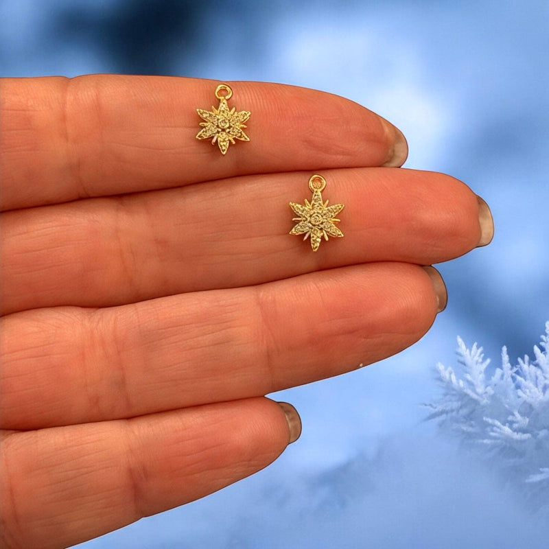24Kt Gold Plated Snowflake Charms With Clear CZ, 2 pcs in a pack