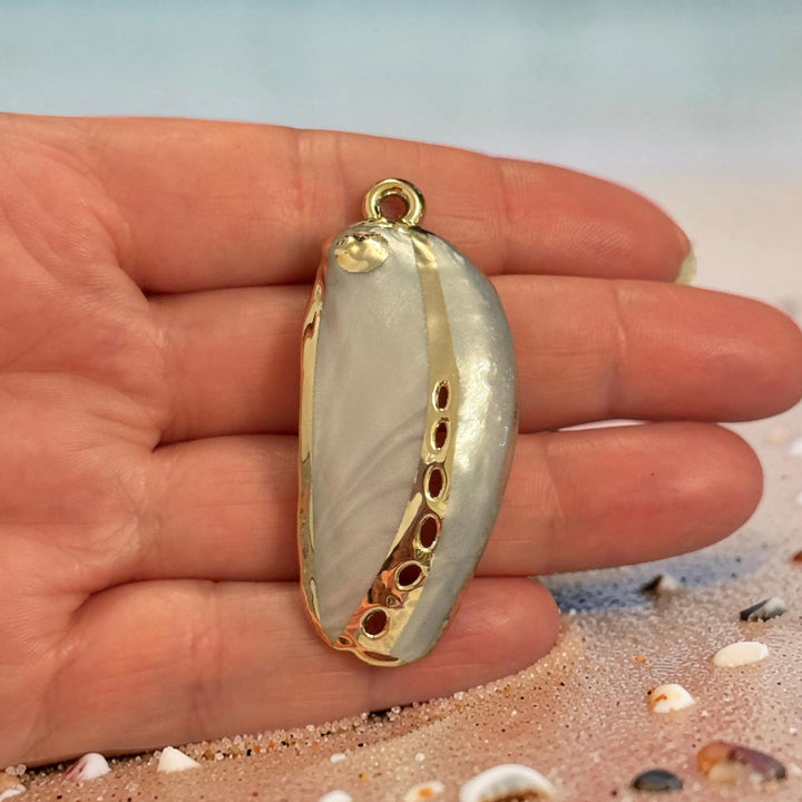 24Kt Gold Plated Long Shell Pendant, Realistic Sea Shell Charm, Elongated Shell Pendant, Gold Back Statement Charm 52mm
