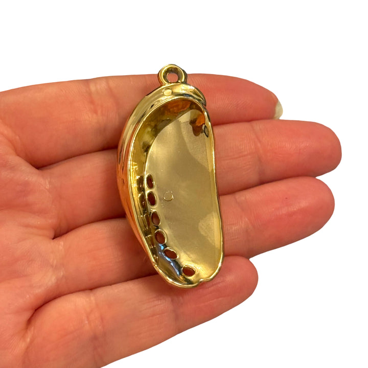 24Kt Gold Plated Long Shell Pendant, Realistic Sea Shell Charm, Elongated Shell Pendant, Gold Back Statement Charm 52mm