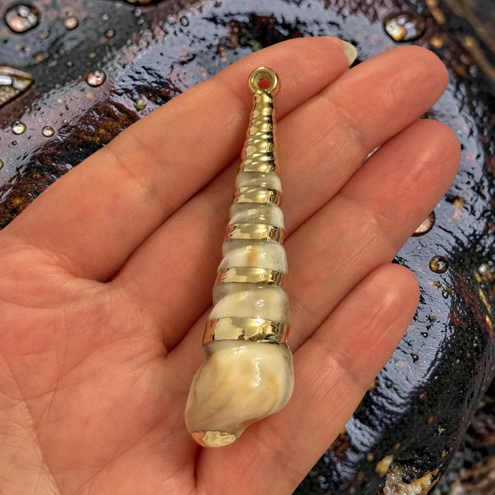 24Kt Gold Plated Long Spiral Shell Pendant, Tall Conch Shell Charm, Nautical Sea Shell Pendant, Statement Beach Charm 68mm