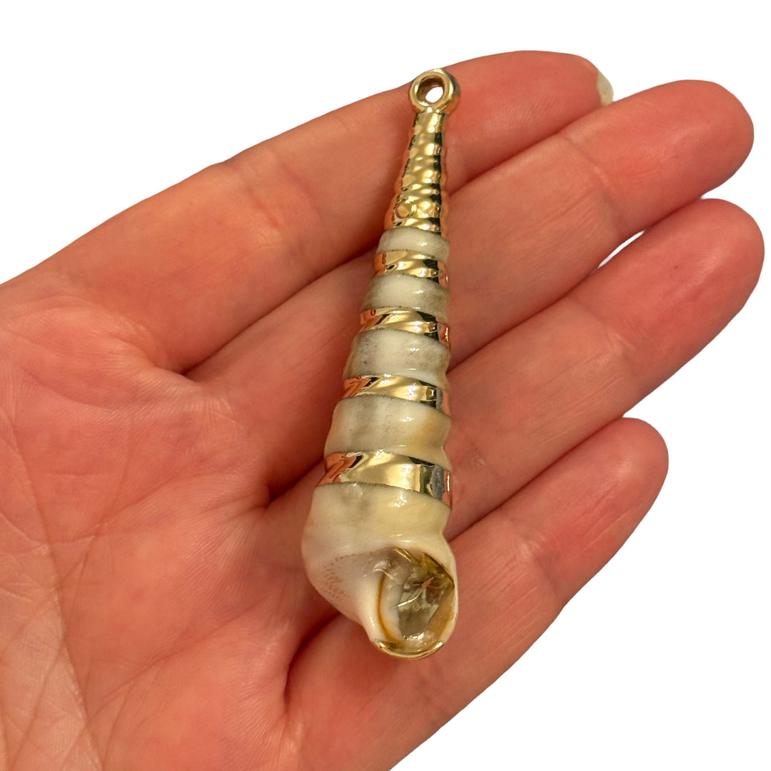 24Kt Gold Plated Long Spiral Shell Pendant, Tall Conch Shell Charm, Nautical Sea Shell Pendant, Statement Beach Charm 68mm