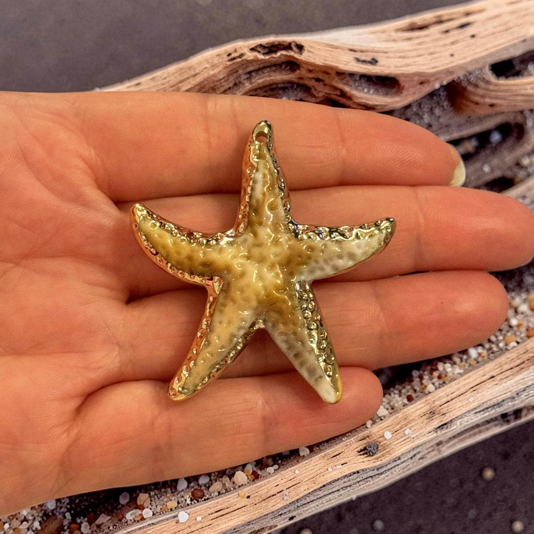 24Kt Gold Plated Starfish Pendant, Large Sea Star Charm, Nautical Beach Pendant, Textured Ocean Charm 50mm