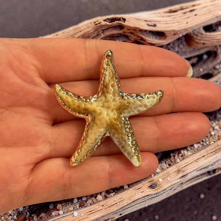 24Kt Gold Plated Starfish Pendant, Large Sea Star Charm, Nautical Beach Pendant, Textured Ocean Charm 50mm