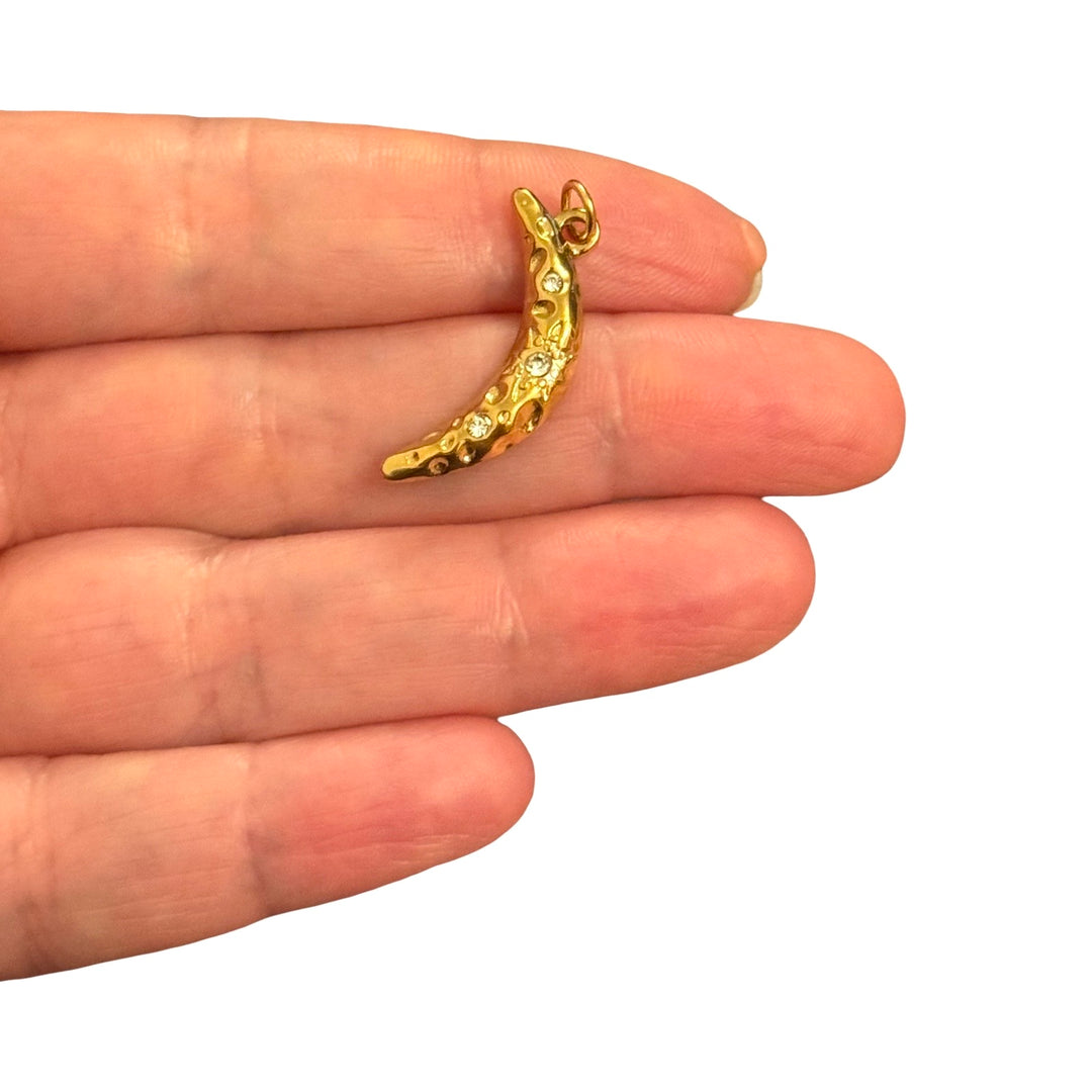 Waterproof 24Kt PVD Gold Plated Stainless Steel Crystal Crescent Moon Charm – 26x10mm