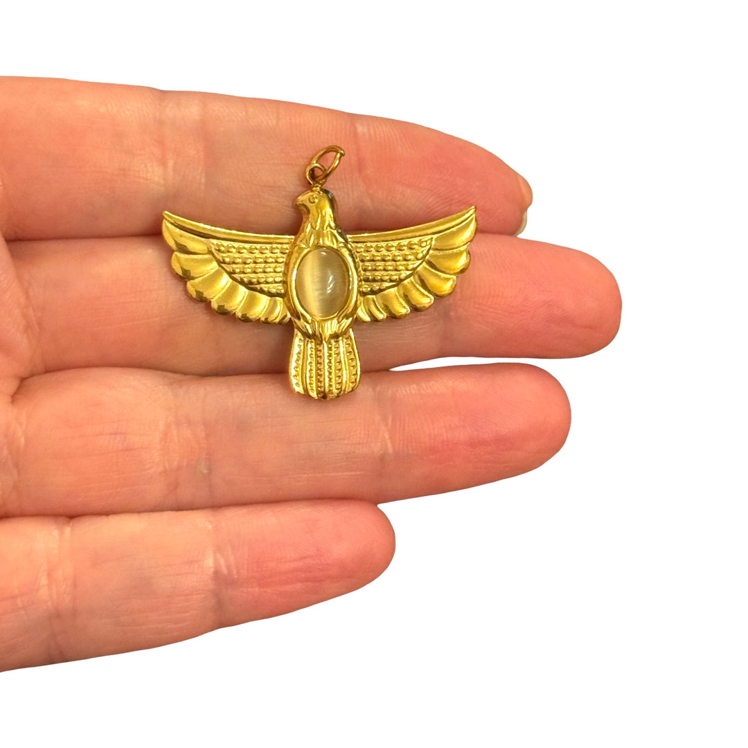 Waterproof 24Kt PVD Gold Plated Hypoallergenic Stainless Steel Eagle Bird Charm with Cat’s Eye Stone – 27x37mm