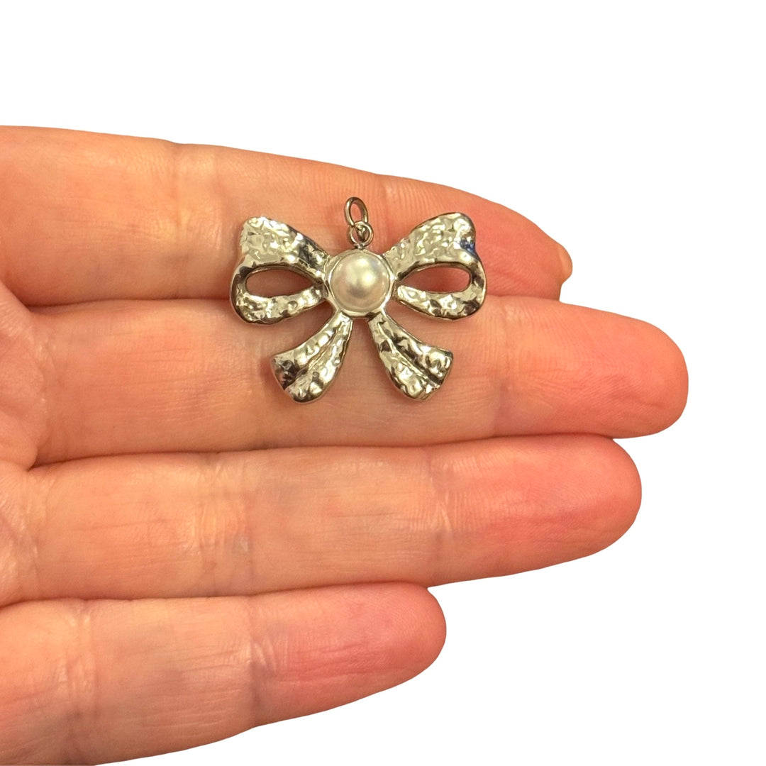 Waterproof Hypoallergenic Stainless Steel Pearl Bow Charm – Textured Ribbon Pendant, 19x28mm