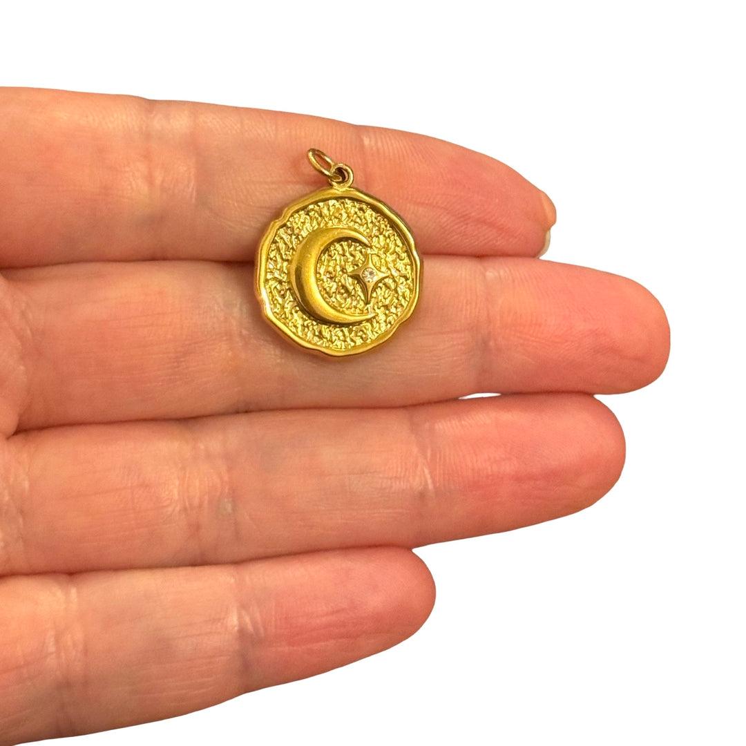 Waterproof 24Kt PVD Gold Plated Hypoallergenic Stainless Steel Moon &amp; Star Medallion Charm – Textured Celestial Pendant, 21x18mm