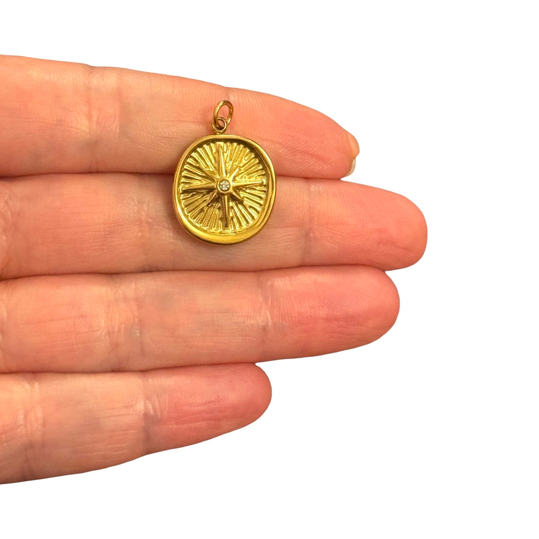 Waterproof 24Kt PVD Gold Plated Hypoallergenic Stainless Steel Compass Star Charm – Crystal Radiant Medallion Pendant, 21x17mm