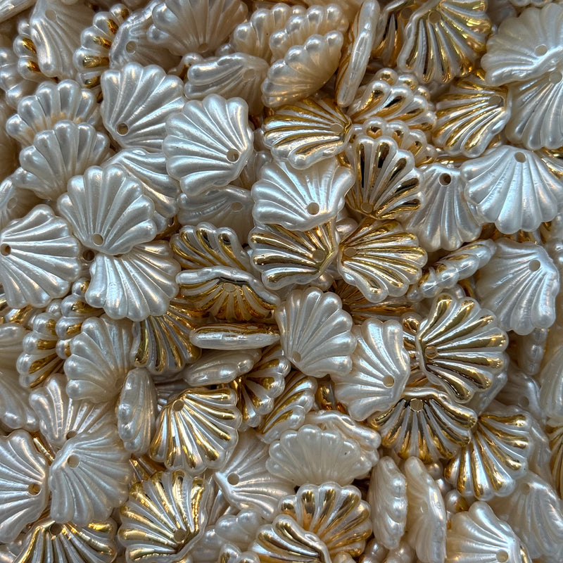 Pearl & Gold Scallop Shell Acrylic Beads – 15x19mm, 1.5mm Hole, 50g Pack (~70 pcs)