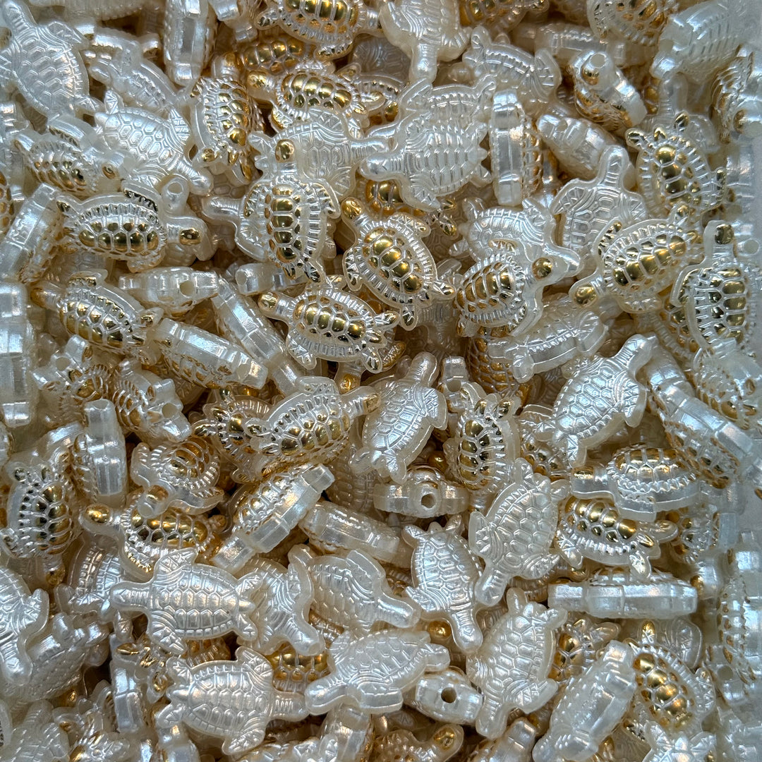 Pearl &amp; Gold Turtle Acrylic Beads – 19x14mm, 1.5mm Hole, 50g Pack (~75 pcs)