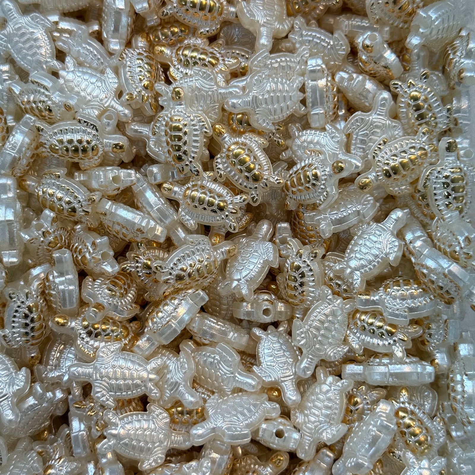 Pearl & Gold Turtle Acrylic Beads – 19x14mm, 1.5mm Hole, 50g Pack (~75 pcs)