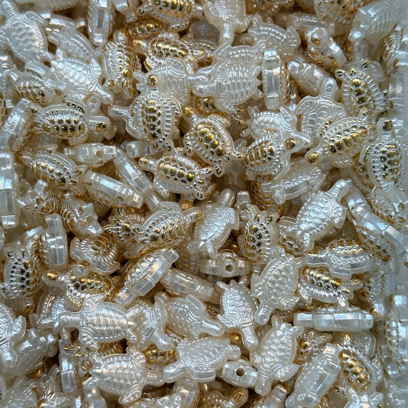 Pearl & Gold Turtle Acrylic Beads – 19x14mm, 1.5mm Hole, 50g Pack (~75 pcs)