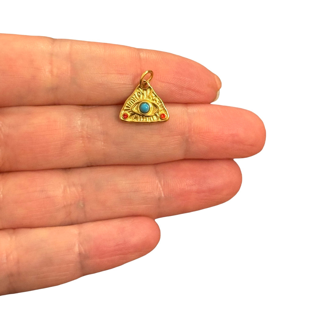 Waterproof 24Kt PVD Gold Plated Hypoallergenic Stainless Steel Turquoise Evil Eye Triangle Charm – Red Crystal All Seeing Eye Pendant, 12x13mm