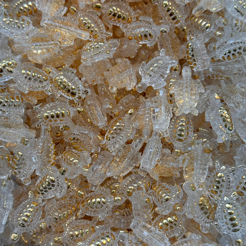 Clear & Gold Turtle Acrylic Beads – 19x14mm, 1.5mm Hole, 50g Pack (~75 pcs)