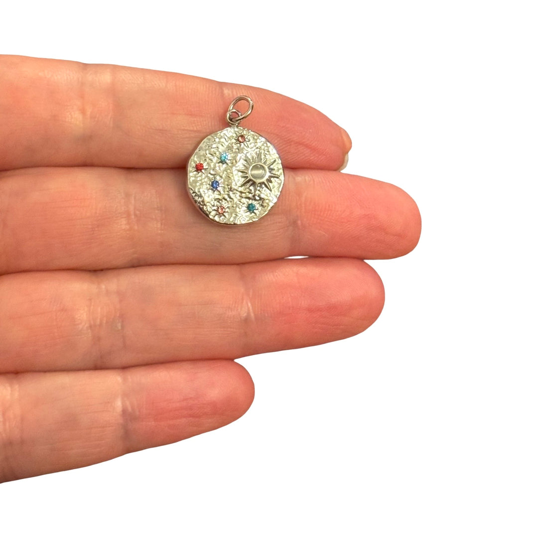 Waterproof Hypoallergenic Stainless Steel Celestial Sun Charm – Multicolour Crystal Textured Disc Pendant, 19x16mm