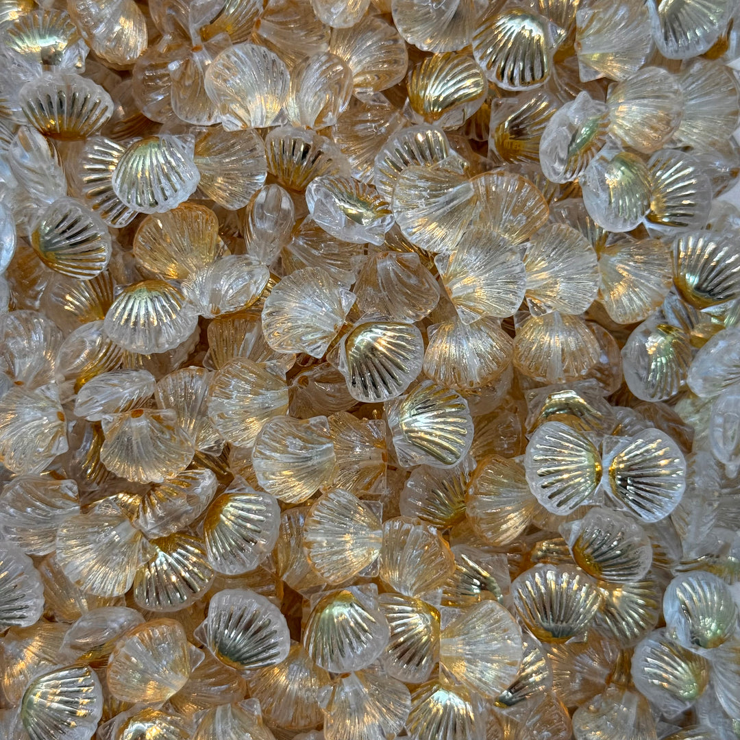 Clear &amp; Gold Scallop Shell Acrylic Beads – 11x12mm, Vertical Hole, 50g Pack (~110 pcs)