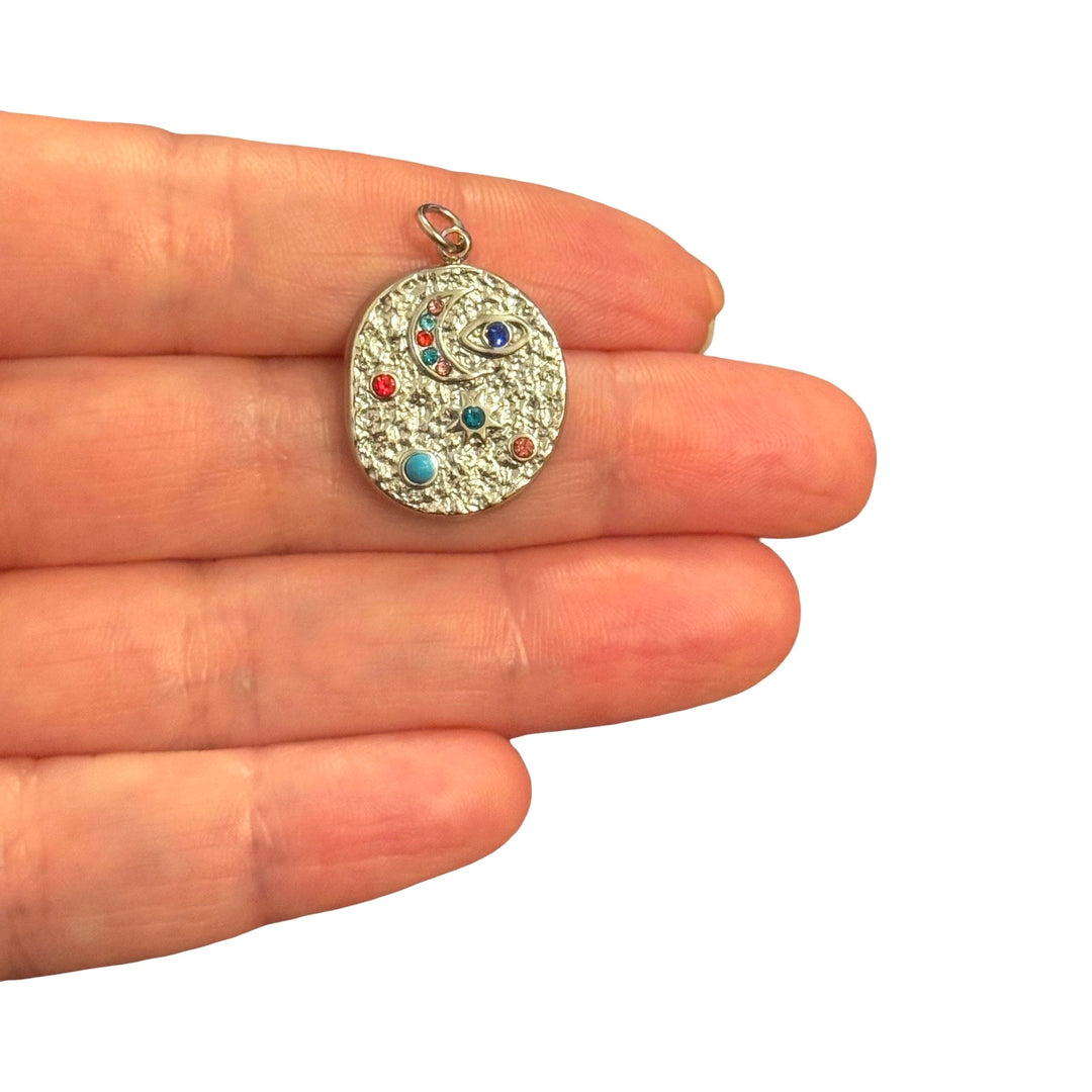 Waterproof Hypoallergenic Stainless Steel Celestial Moon &amp; Evil Eye Charm – Multicolour Crystal Textured Disc Pendant, 23x18mm