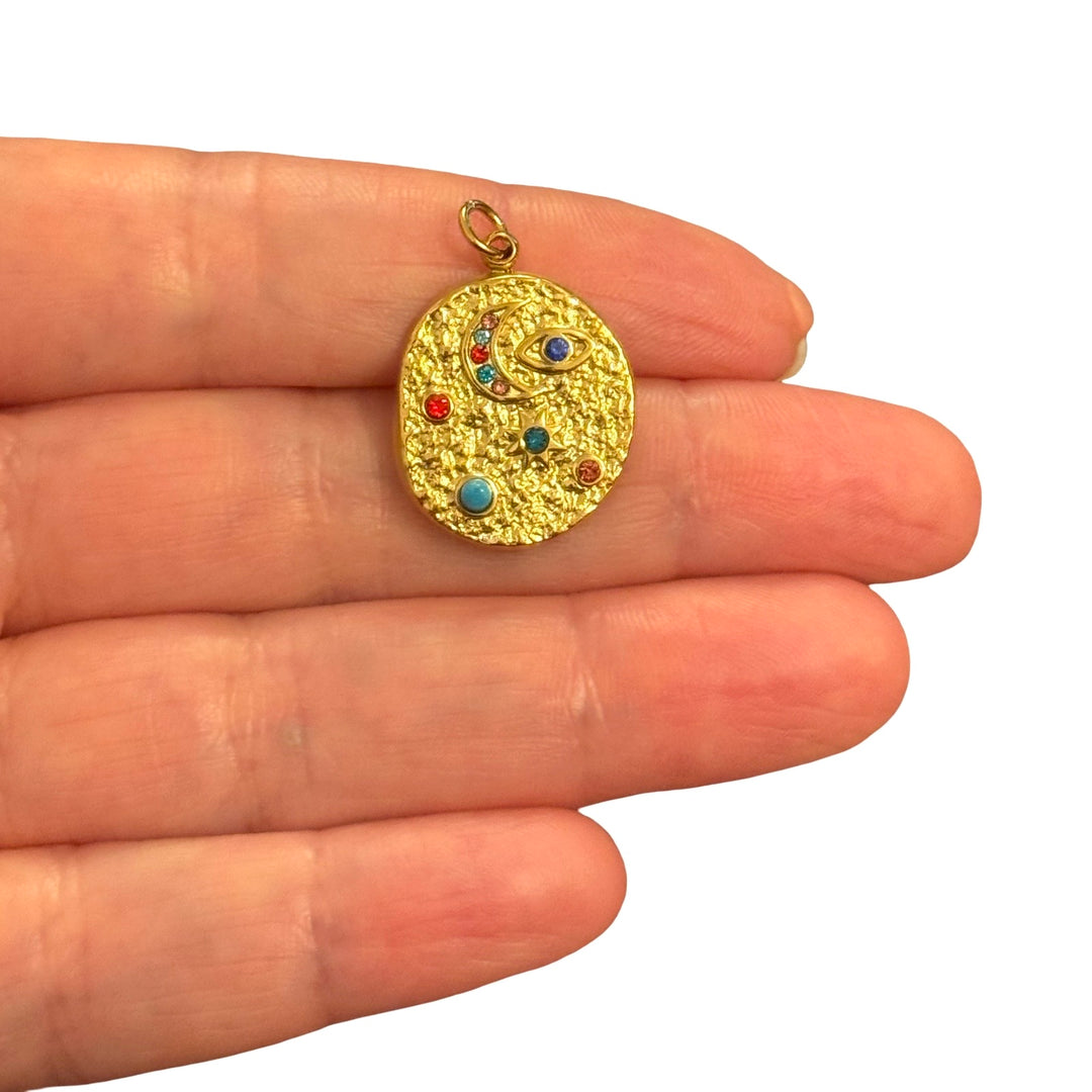 Waterproof 24Kt PVD Gold Plated Hypoallergenic Stainless Steel Celestial Moon &amp; Evil Eye Charm – Multicolour Crystal Textured Disc Pendant, 23x18mm