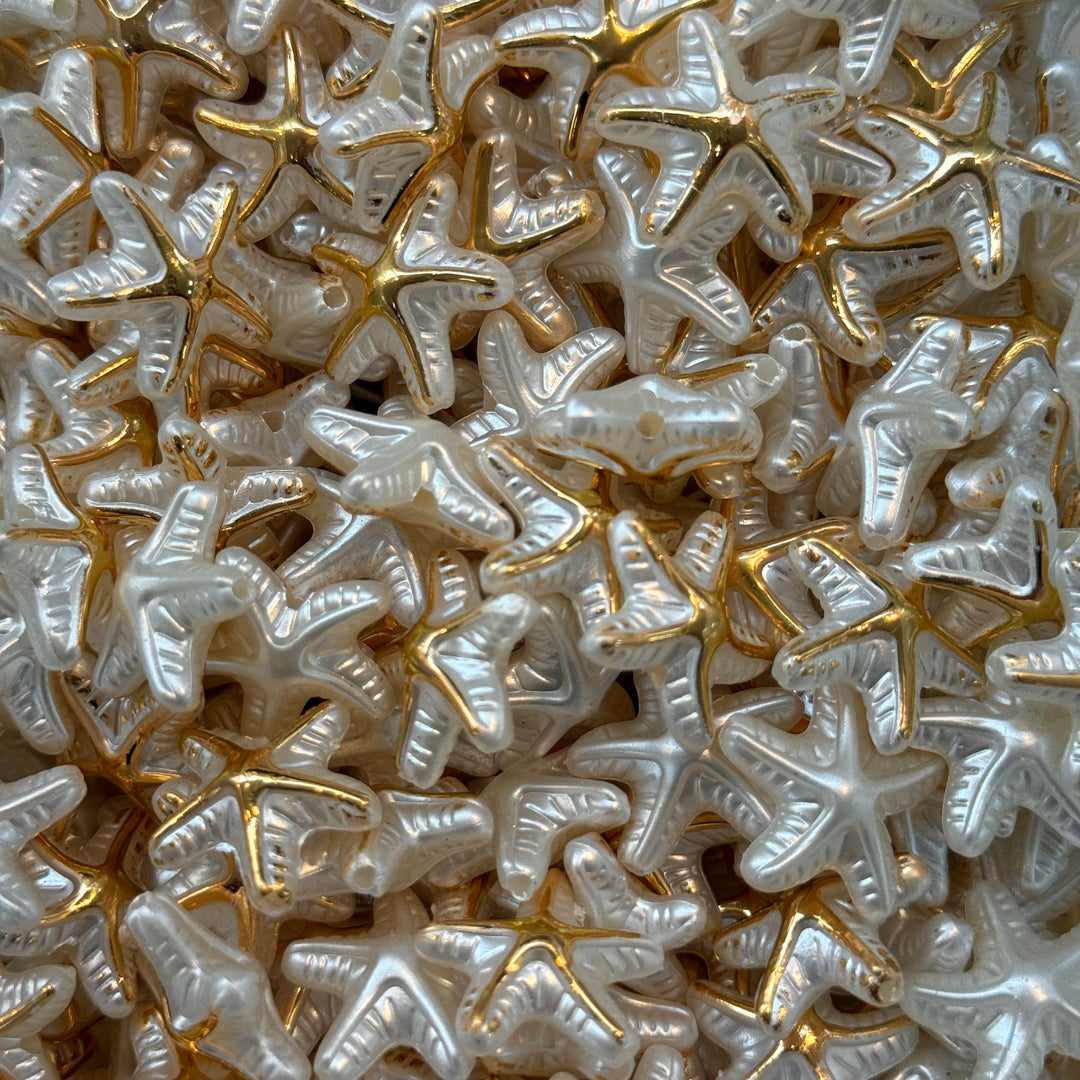 Chunky Pearl &amp; Gold 3D Starfish Acrylic Beads – 50g Pack (~60 pcs)