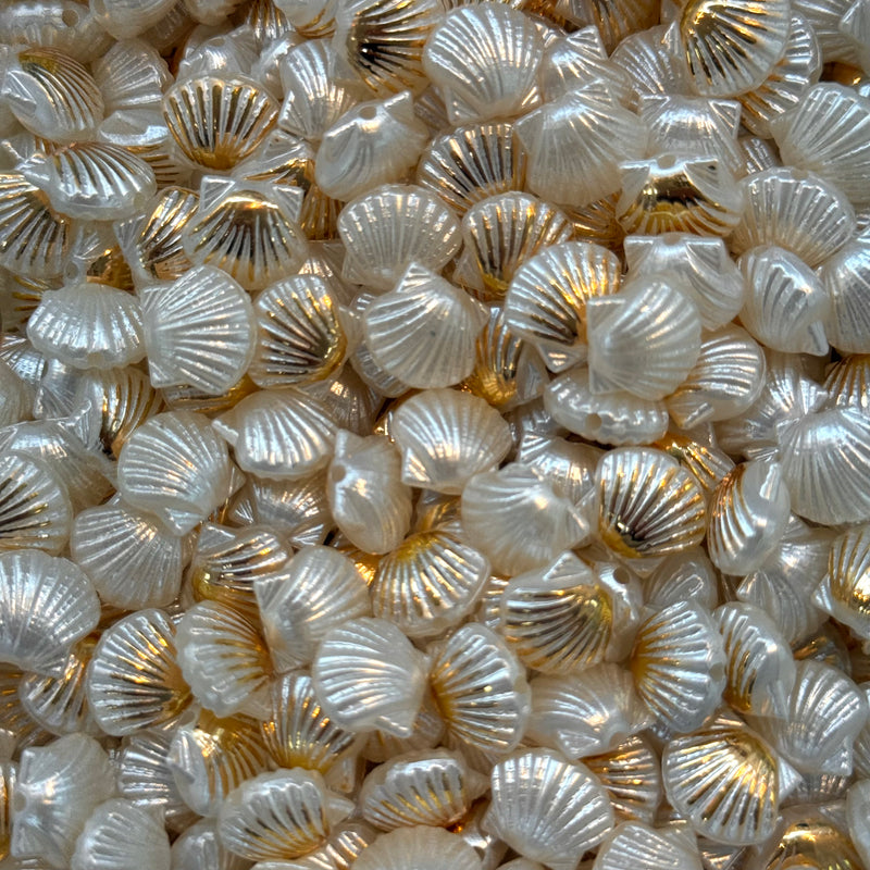 Pearl & Gold Vertical-Hole Scallop Shell Acrylic Beads – 50g Pack (~110 pcs)