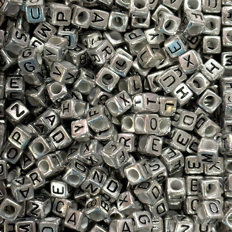 6mm Acrylic Cube Silver Alphabet Beads With Black Letters, Assorted 1000 pcs in a pack