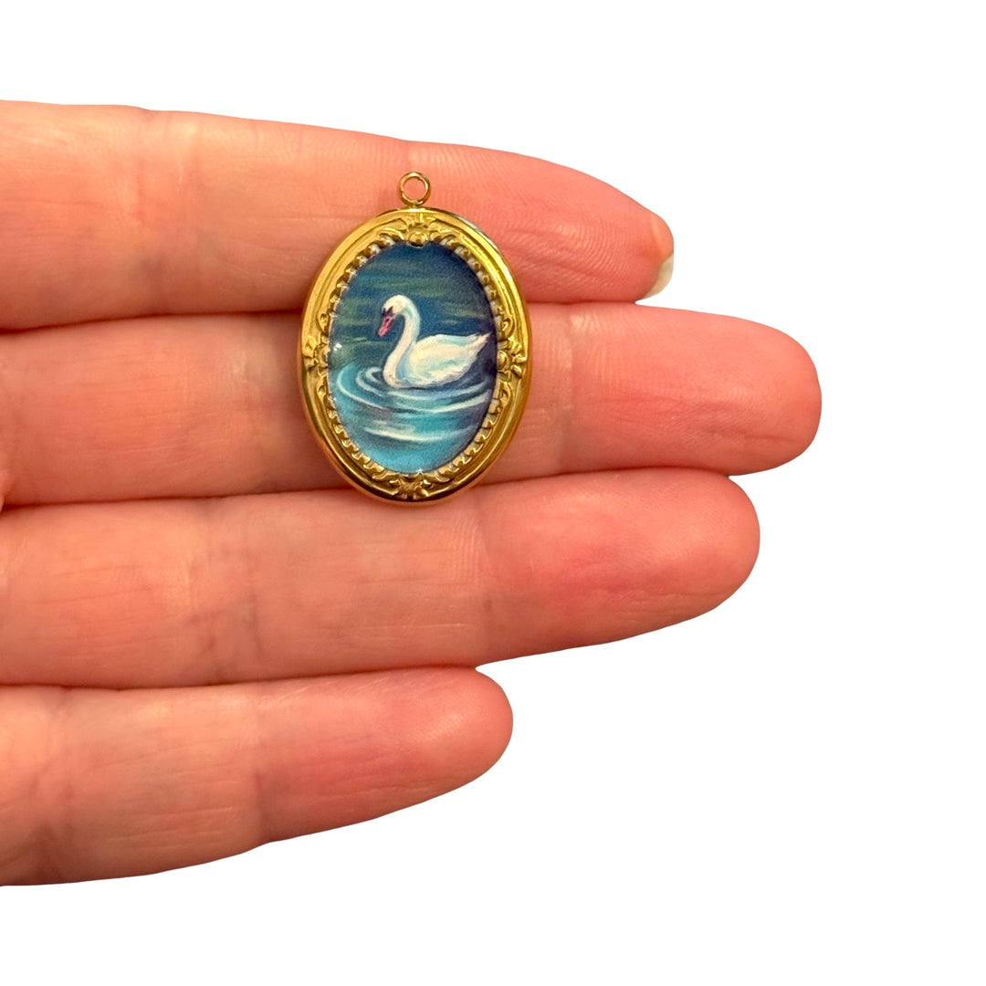 Waterproof 24Kt PVD Gold Plated Stainless Steel Raised Swan Enamel Oval Charm – 28x20mm