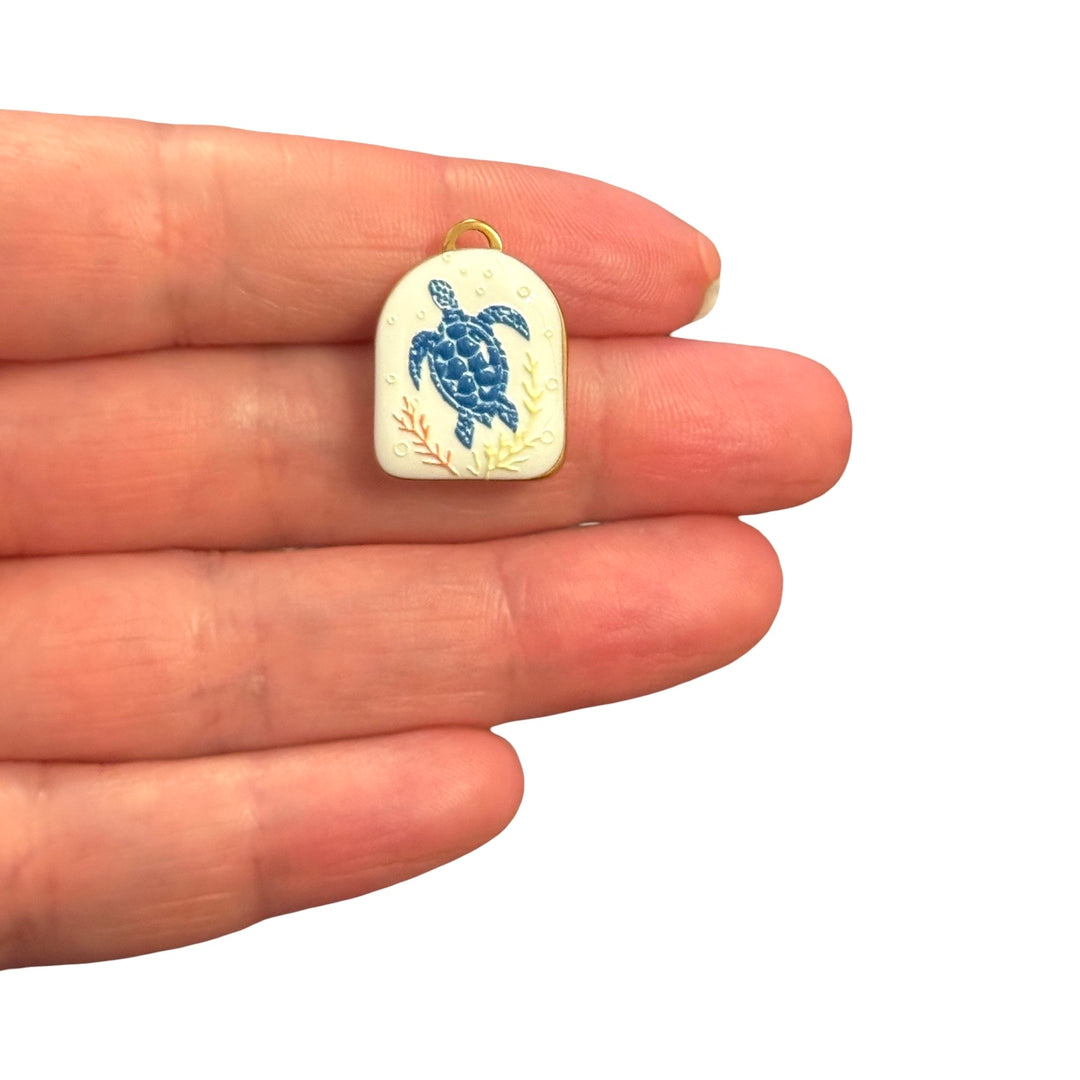Waterproof 24Kt PVD Gold Plated Stainless Steel Sea Turtle Enamel Charm – Double-Sided, 21x16mm