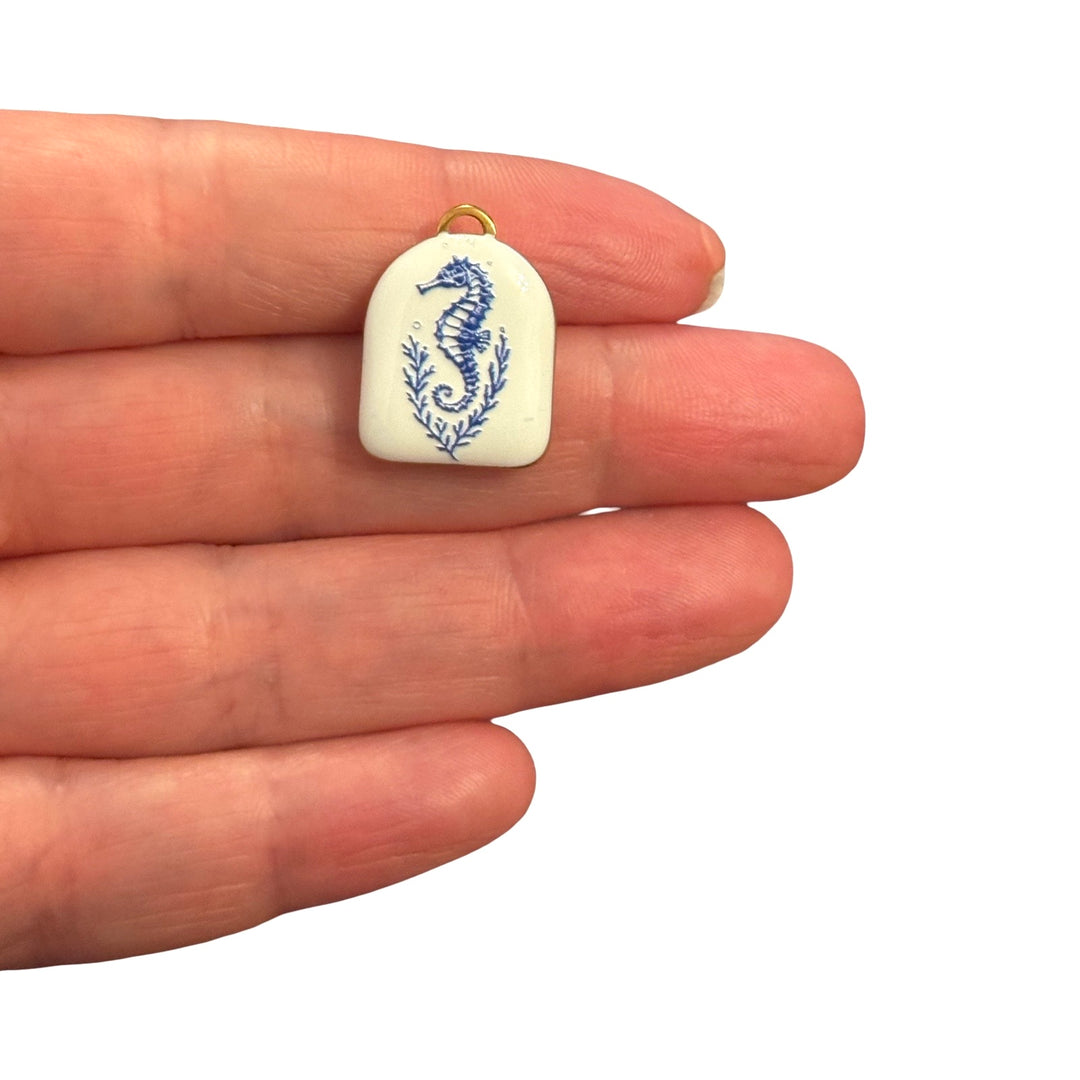 Waterproof 24Kt PVD Gold Plated Stainless Steel Seahorse Enamel Charm – Double-Sided, 21x16mm