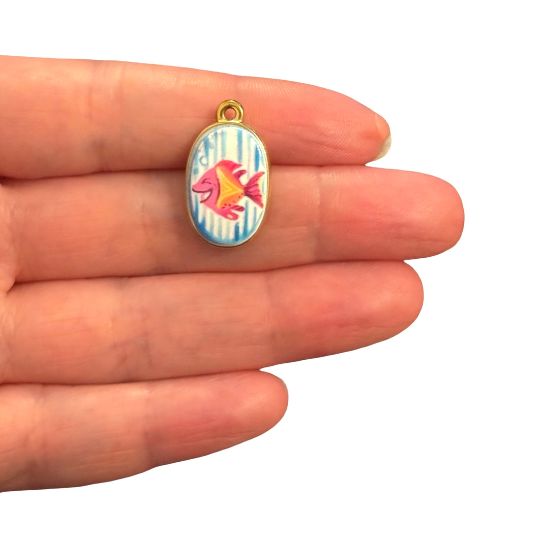 Waterproof 24Kt PVD Gold Plated Stainless Steel Tropical Fish Enamel Charm – Colourful Ocean Pendant, 23x14mm