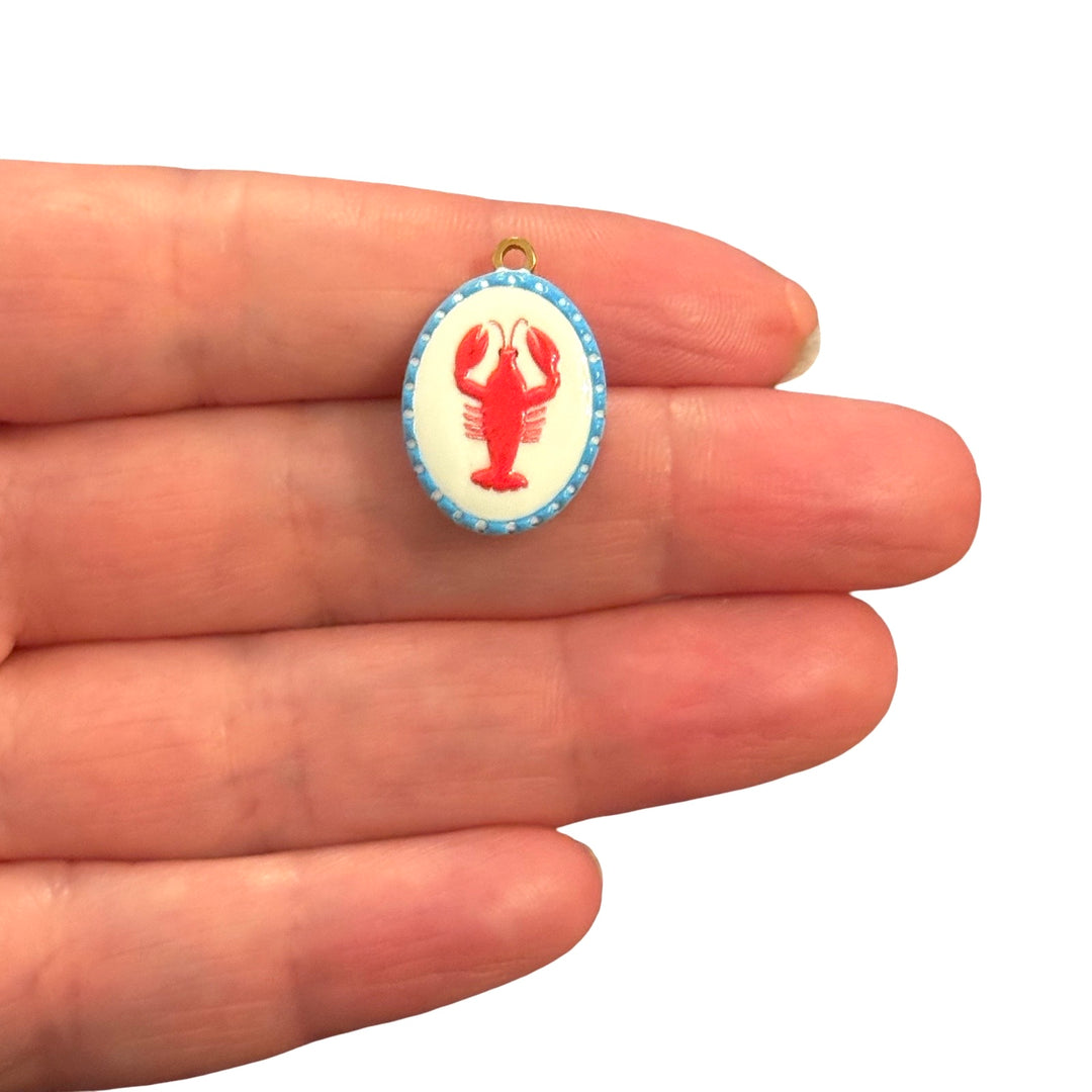 Waterproof 24Kt PVD Gold Plated Stainless Steel Lobster Enamel Charm – Double-Sided Seafood &amp; Coastal Charm, 22x15mm