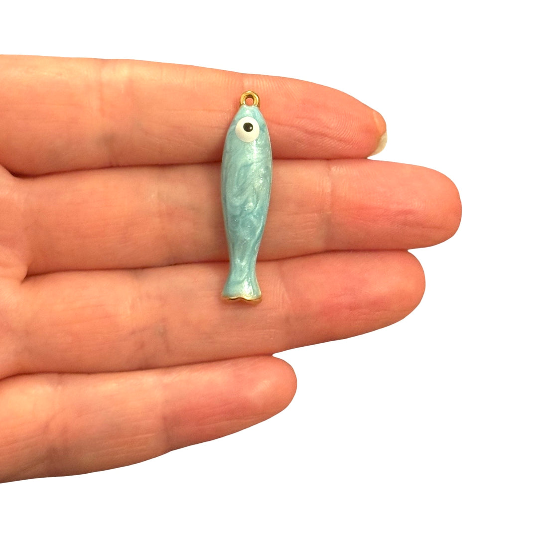 Waterproof 24Kt PVD Gold Plated Stainless Steel Sardine Fish Enamel Charm – Aqua Blue Fish Pendant, 34x8mm