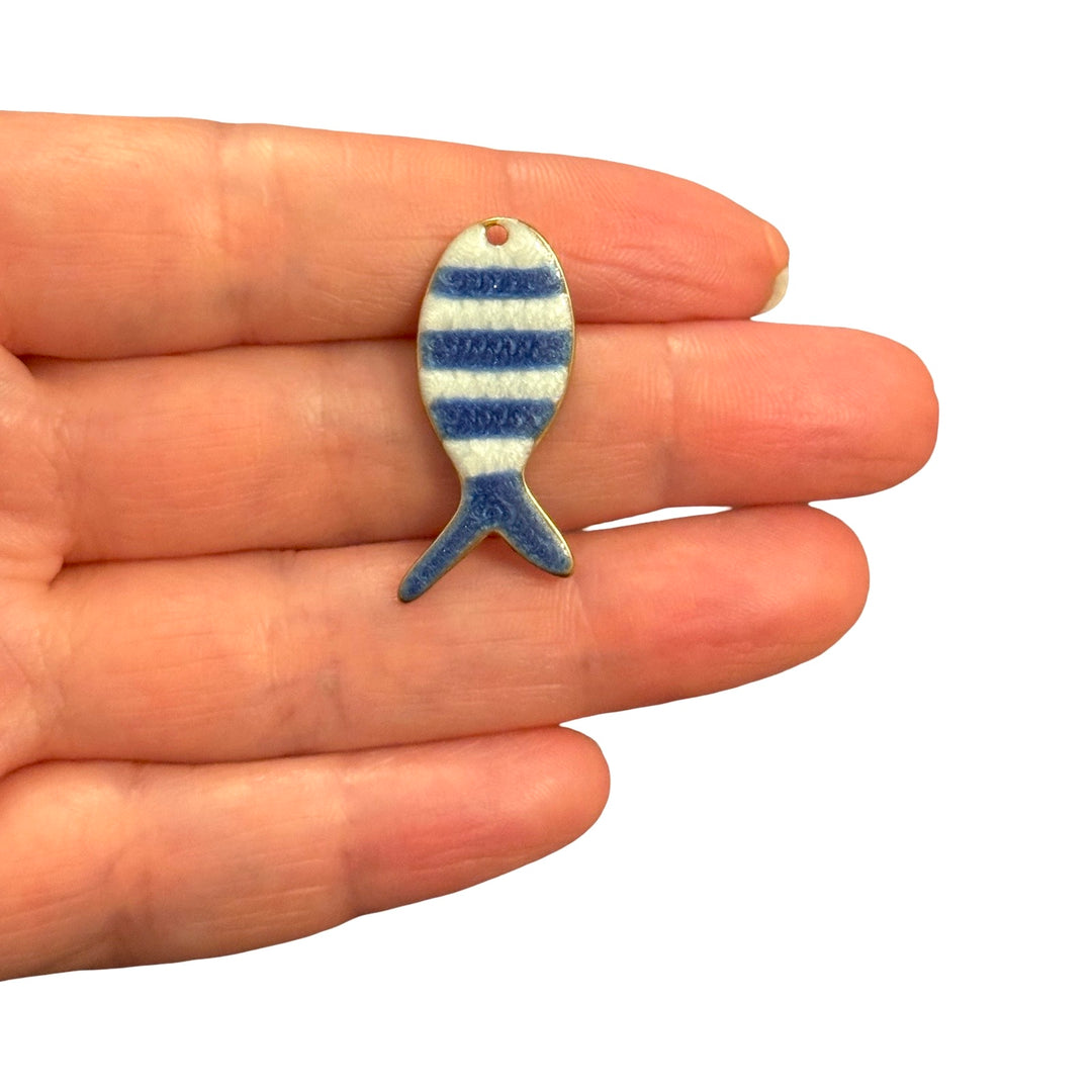 Waterproof 24Kt PVD Gold Plated Stainless Steel Navy Blue &amp; Ivory Striped Fish Double Sided Enamel Charm – 29x13mm