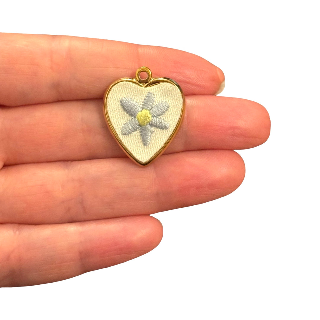 Waterproof 24Kt PVD Gold Plated Stainless Steel White Daisy Embroidered Canvas Heart Charm – 27x22mm