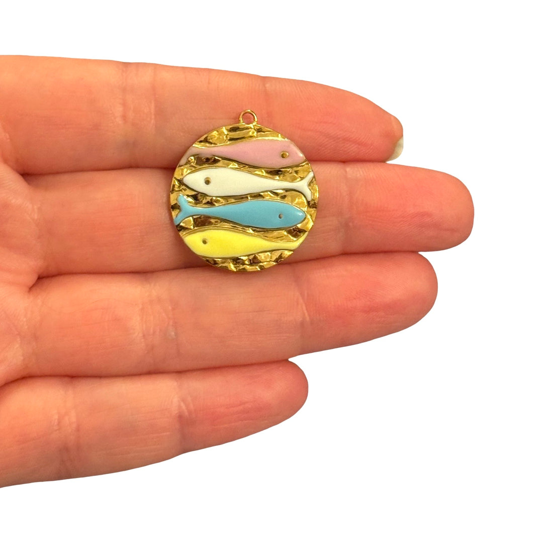 Waterproof 24Kt PVD Gold Plated Stainless Steel Multicolour Enamel Fish Shoal Round Charm – 26x24mm
