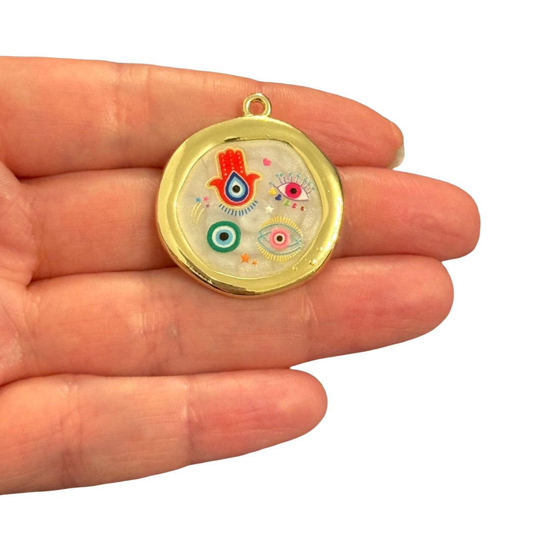 14K Gold Plated Brass Multicolour Hamsa &amp; Evil Eye Epoxy Round Charm – 32x30mm
