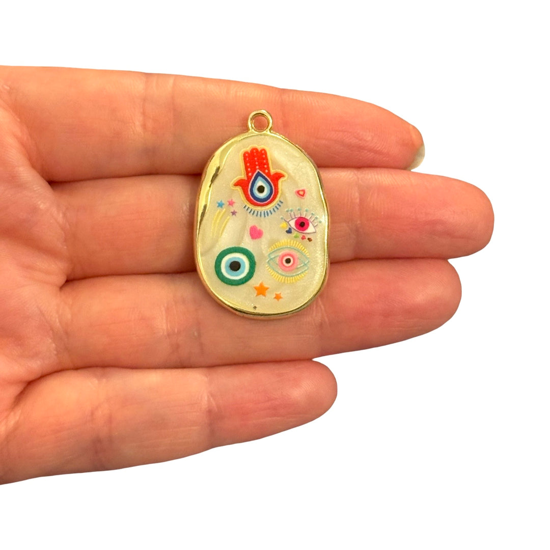14K Gold Plated Brass Multicolour Hamsa &amp; Evil Eye Epoxy Oval Charm – 35x22mm
