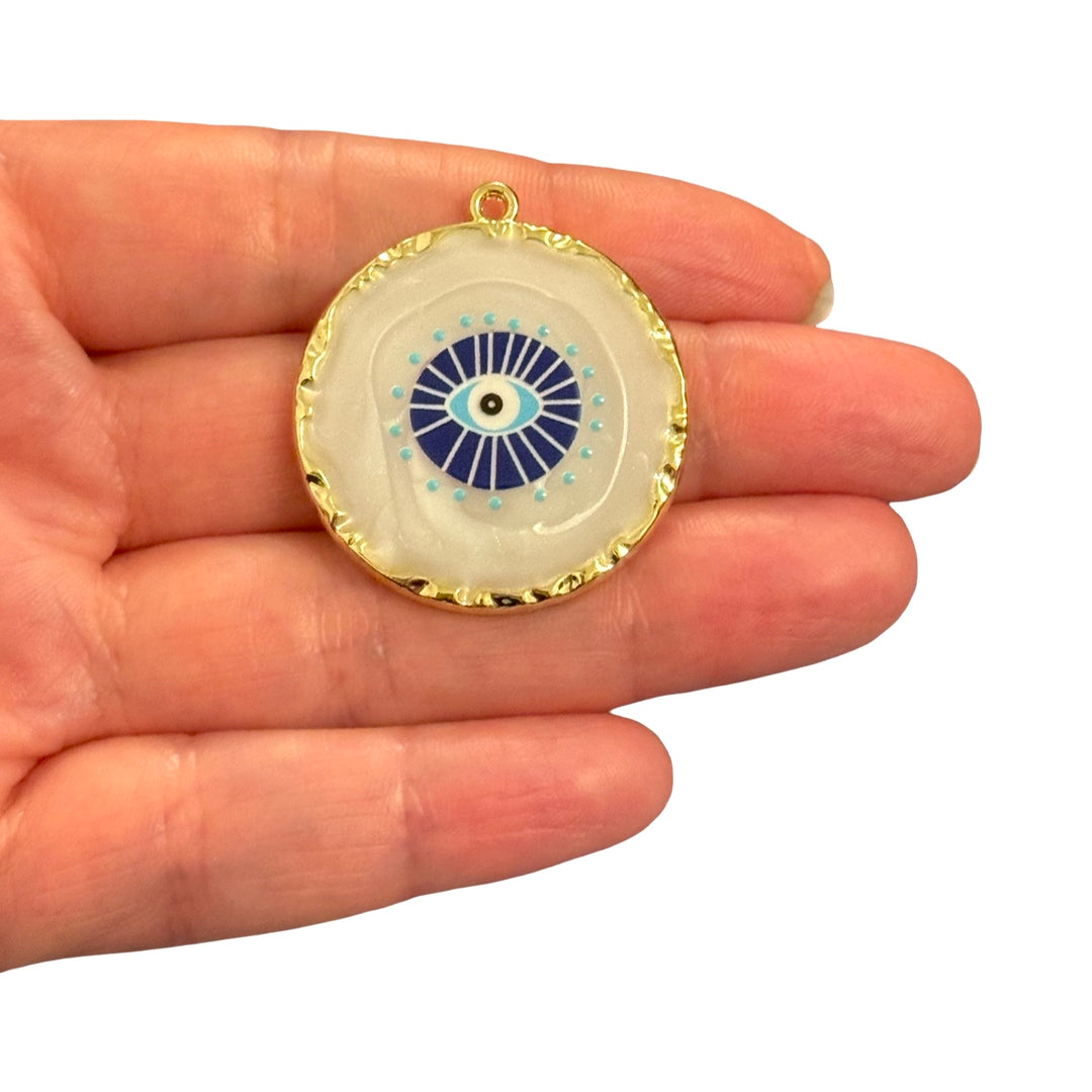 14K Gold Plated Brass Navy Blue &amp; Turquoise Evil Eye Epoxy Round Charm – 36x32mm