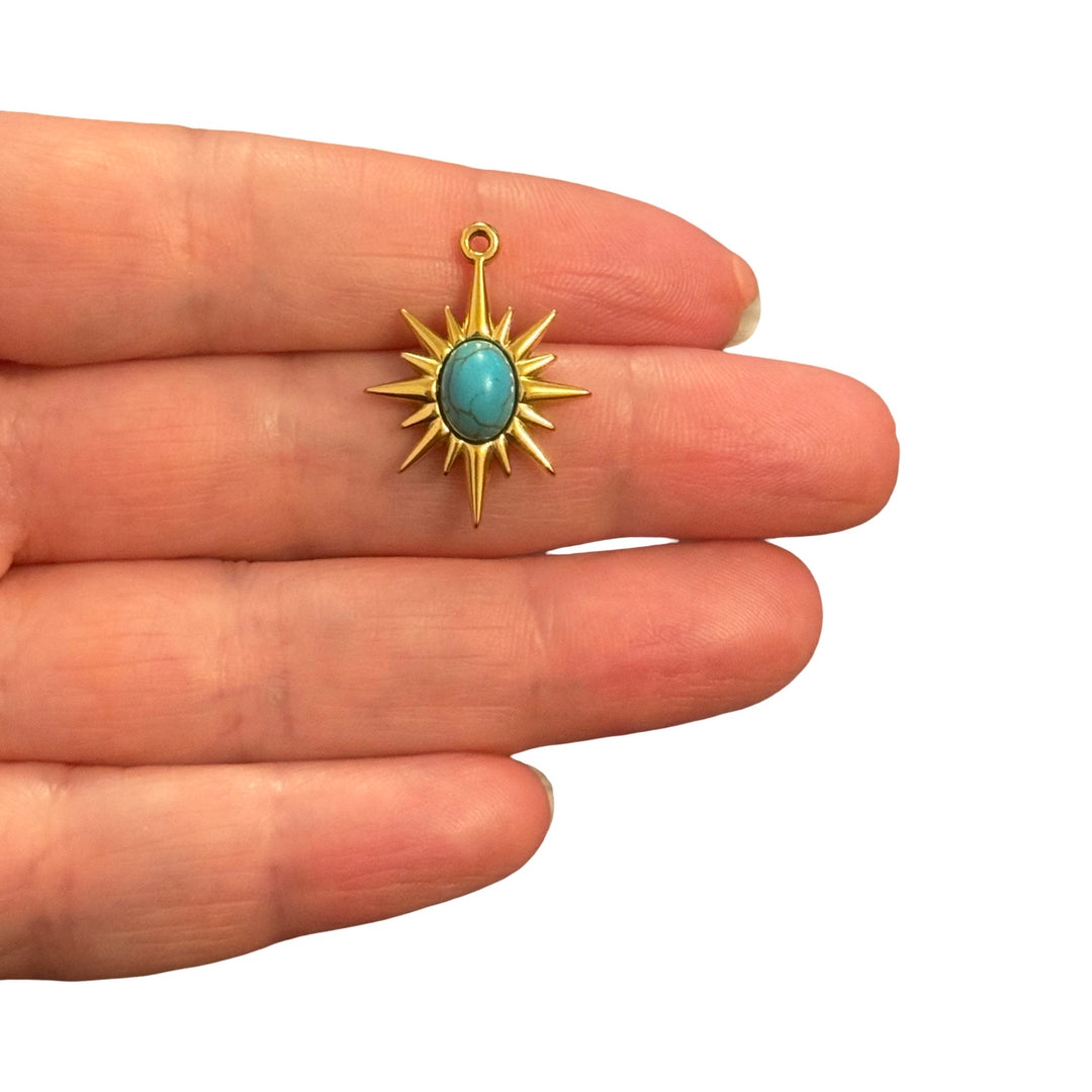 Waterproof 24Kt PVD Gold Plated Stainless Steel Turquoise North Star Charm – 25x19mm