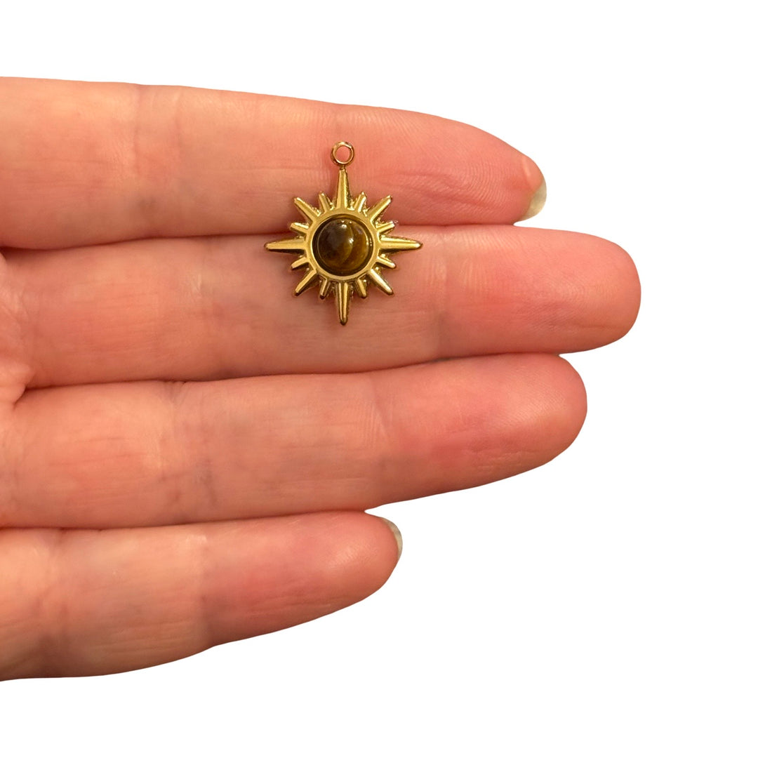 Waterproof 24Kt PVD Gold Plated Stainless Steel Tiger Eye Sunburst Charm – 21x18mm