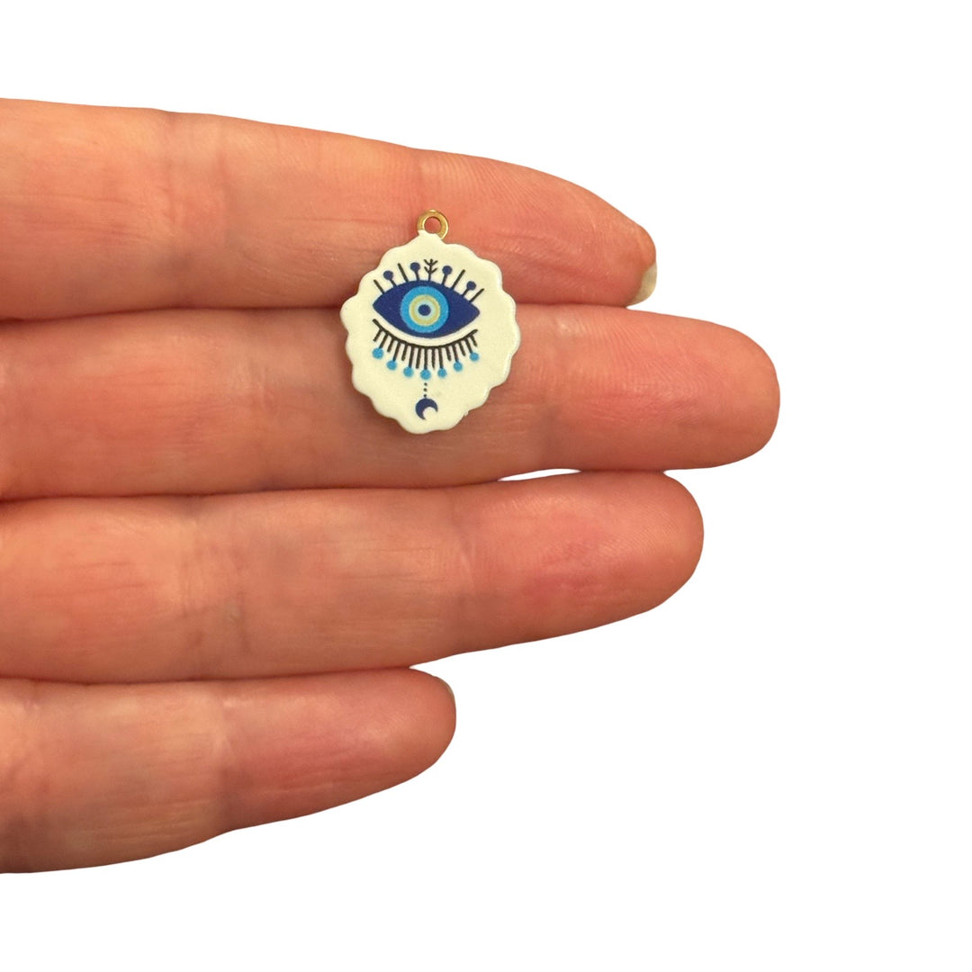 Waterproof 24Kt PVD Gold Plated Stainless Steel Blue Evil Eye &amp; Moon Double Sided Enamel Charm – 22x16mm