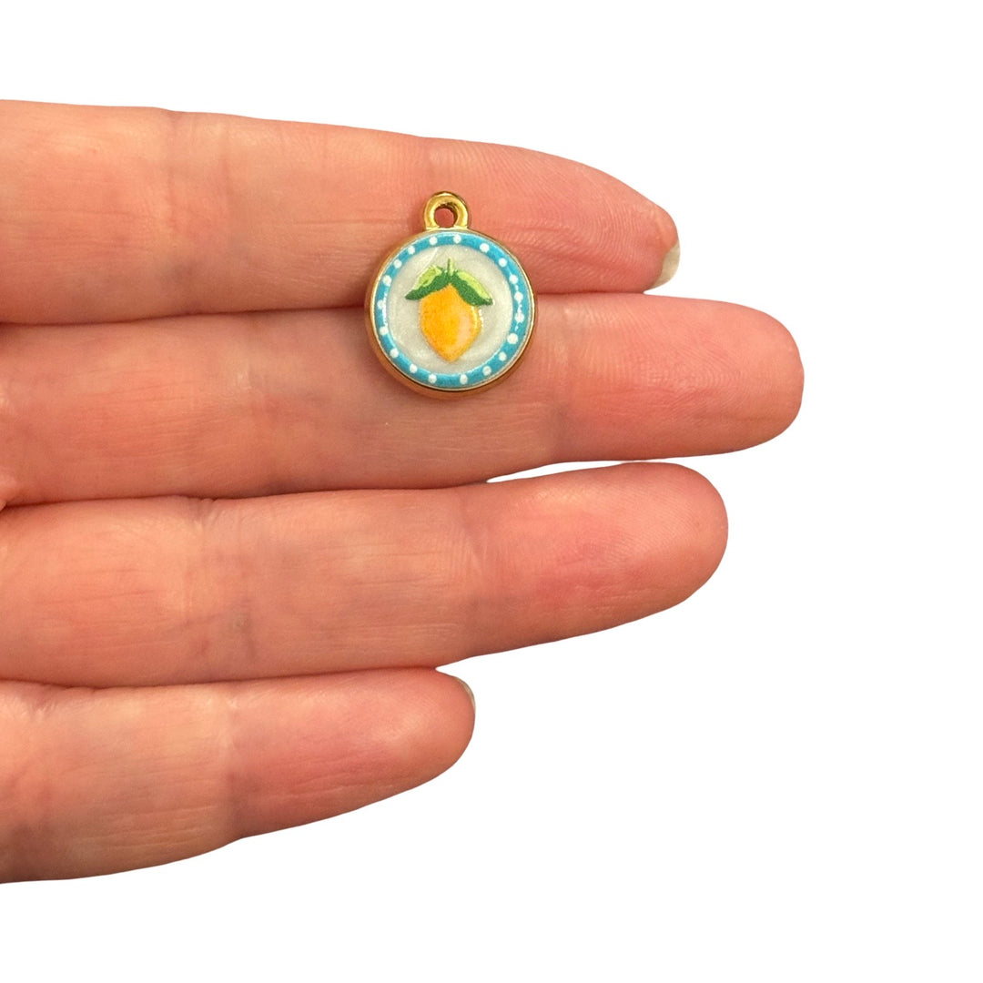 Waterproof 24Kt PVD Gold Plated Stainless Steel Lemon Raised Enamel Charm – 18x15mm