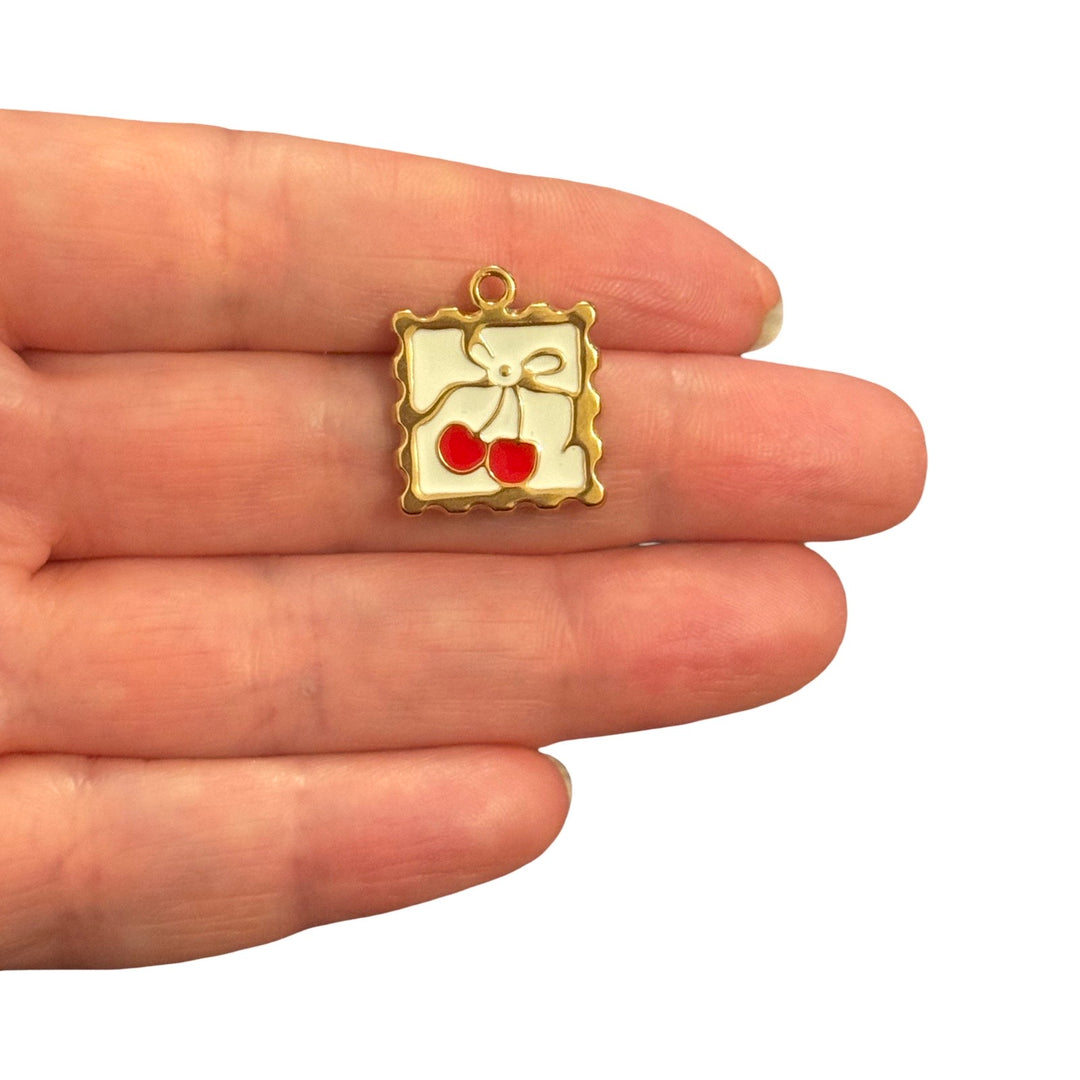 Waterproof 24Kt PVD Gold Plated Stainless Steel Cherry Bow Raised Enamel Charm – 20x17mm