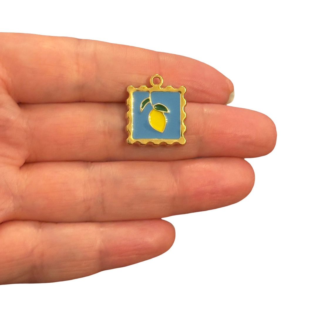 Waterproof 24Kt PVD Gold Plated Stainless Steel Lemon Stamp Raised Enamel Charm – 20x17mm