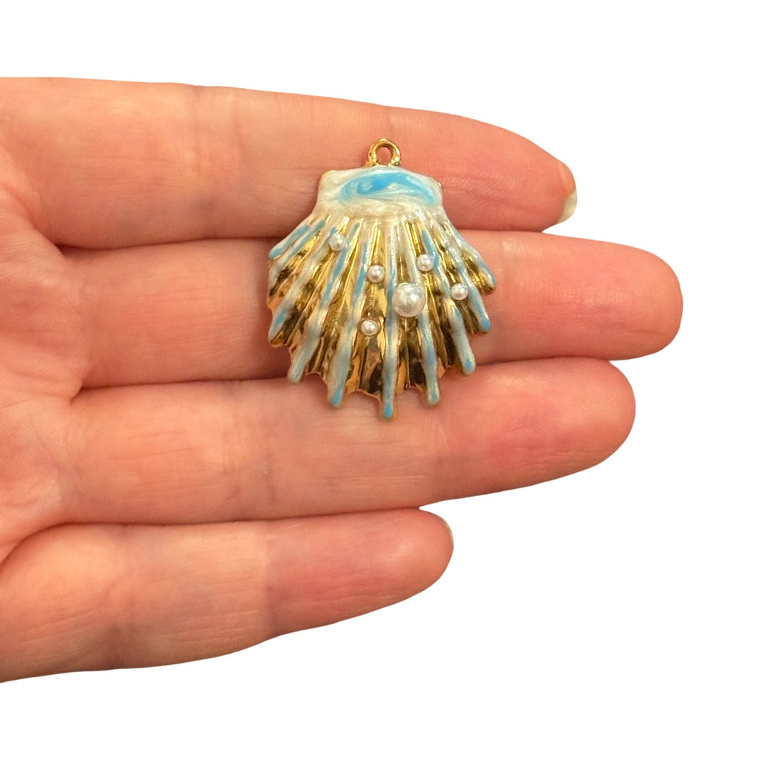 Waterproof 24Kt PVD Gold Plated Stainless Steel Blue Enamel Pearl Scallop Shell Charm – 33x29