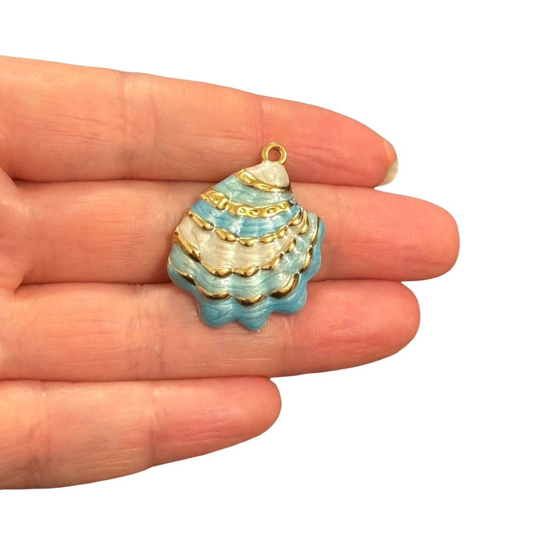 Waterproof 24Kt PVD Gold Plated Stainless Steel Blue &amp; Ivory Conch Shell Enamel Charm – 31x26mm